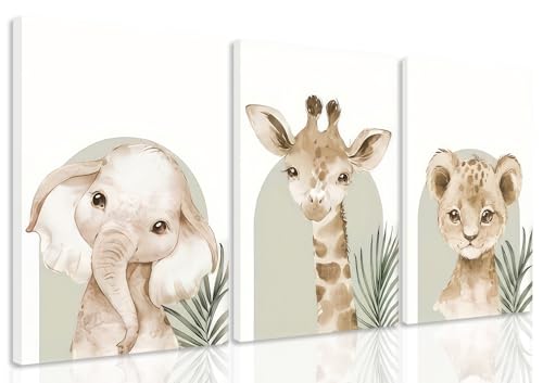HNNXAR Nursery Wall Decor Animal Wall Art Safari Poster Nursery Canvas Art Woodland Jungle Decor Set of 3 Lion Picture Elephant Painting Giraffe Prints For Boys Girls Room Decoration 12x16 Framed - color: Safari Animal, size: 16"x24" Poster