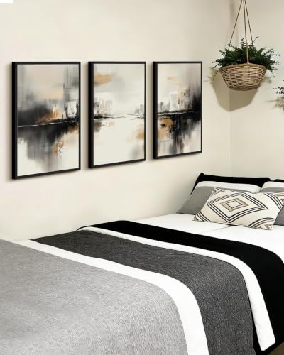 PHOPAGO Black Gray Abstract Landscape Framed Wall Art Brown Tan Neutral Wall Decor Minimalist Modern Illustrations Prints Bedroom Home Decor - 12x16in Black Framed - color: Black Abstract, size: 16L" x 12W" x 3 Pcs Black