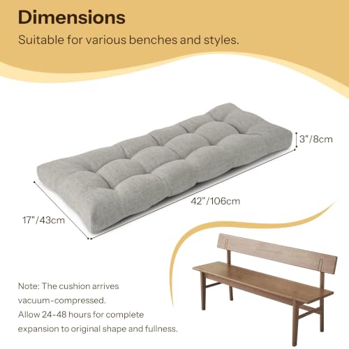 Bench Cushions for Indoor Furniture 42"X17"X3", 1 PC, Light Grey | 3"/8 cm Thick, Soft Non-Slip Window Seat Cushion, Tufted Bench Seat Cushion for Dining, Piano Benches and Window Seats - color: Light Grey