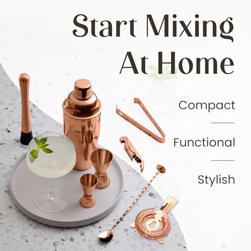 Mixology & Craft Rustic Cocktail Shaker Set – Includes Wood Stand, Complete Barware Kit with 24 Oz Shaker, Dual Jiggers, Pourers, Muddler, Strainer – Perfect for Home Bartenders (Copper) - color: Copper