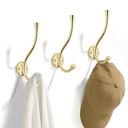 SAILING 3 Pack Coat Hooks - Polished Gold Coat Hooks Decorative Wall Hooks for Bathroom Living Room Bedroom Hanger for Robe Dressing Room Fitting Room - color: Polished Gold