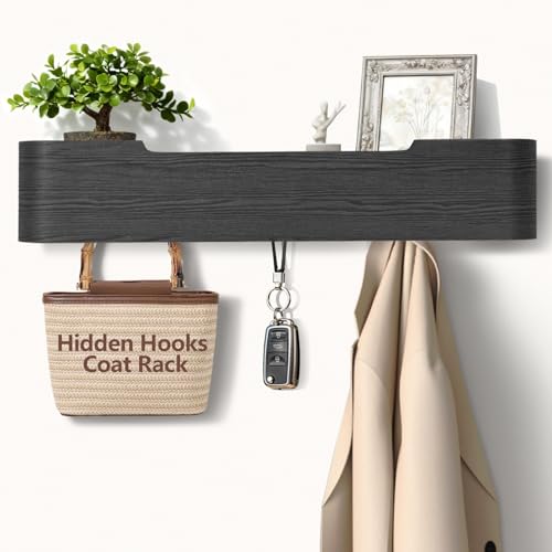 Coat Rack Wall Mount with Shelf 5 Hidden Hooks Modern Wooden Key Holder Entryway Organizer for Hallway Bedroom Bathroom Home Decor Storage for Hanging Coats Hats Bags Towels, Black - color: Black, size: 5 Hooks