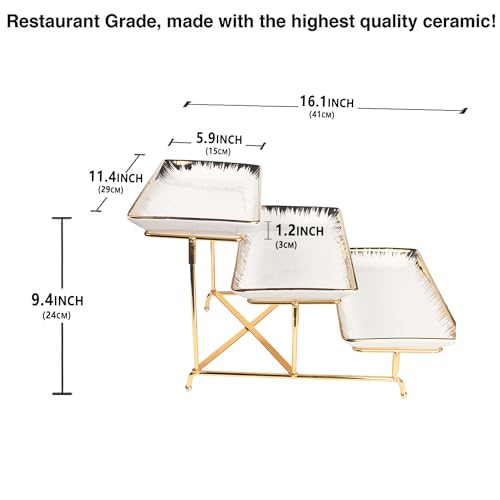 Three-Tier Ceramic Plate Rack - Foldable Gold Plate Rack with Three Large 11.4-inch White Plates for displaying Food, Fruit, Desserts, and Entertaining Guests. - color: 3-tier 11.4 Inch Serving Rack