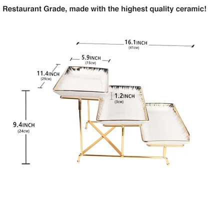 Three-Tier Ceramic Plate Rack - Foldable Gold Plate Rack with Three Large 11.4-inch White Plates for displaying Food, Fruit, Desserts, and Entertaining Guests. - color: 3-tier 11.4 Inch Serving Rack
