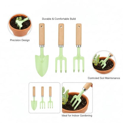 3-Piece Mini Garden Tool Set with Beech Wood Handles and Iron Heads for Indoor Plants, Succulents, and Small Pots - size: 11.02 x 3.15 x 1.18 in