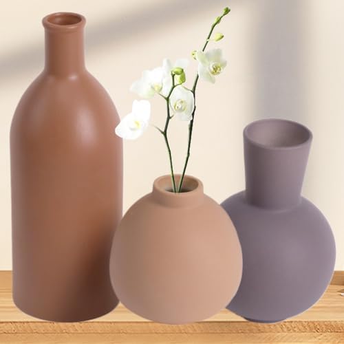 Ceramic Vase Set of 3, Rustic Modern Brown Vases for Bouquet, Fresh or Dried Plants, Home Decor-Modern Decorative Ceramic Flowers Vase for Rustic Home Decor (Brown- Grey) - color: Brown- Grey