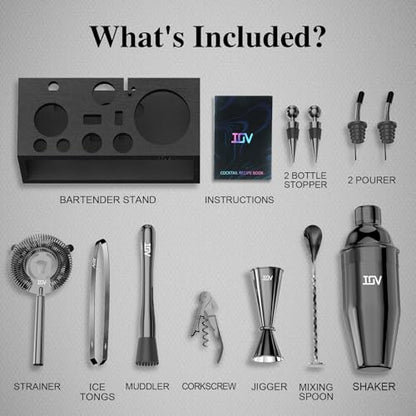 IOV Mixology Bartender Kit With Stand | 12-Piece Cocktail Shaker Set | 24oz Martini Shaker Set For Drink Mixing | Bar Set Includes All Bar Tools And Recipe Booklet | Fun Housewarming Gift (Black) - color: 12 Pcs - Black