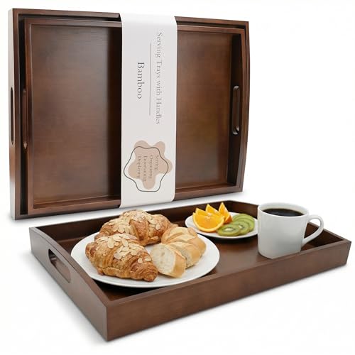 Bamboo Serving Tray with Handles, Wooden Serving Tray Set of 2 | Decorative Serving Trays with Handles for Living Room, Bathroom, Kitchen, Coffee Table, Outdoor and Storing - Walnut Color - color: Walnut Color