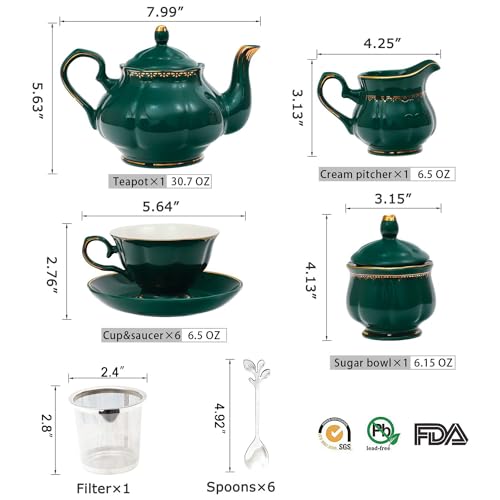CHENP.HMC Tea Set 22-Piece Porcelain Ceramic Coffee Tea Sets Cups Saucer Service for 6 Teapot Sugar Bowl Creamer Pitcher and Teaspoons Porcelain Tea Set (Dark Green) - color: Dark Green