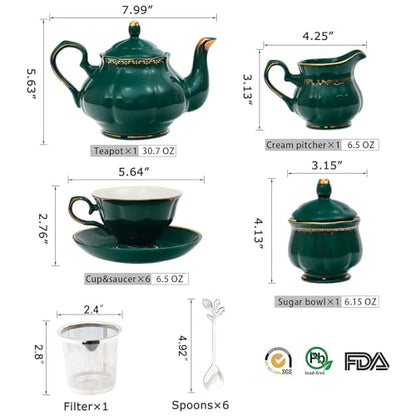 CHENP.HMC Tea Set 22-Piece Porcelain Ceramic Coffee Tea Sets Cups Saucer Service for 6 Teapot Sugar Bowl Creamer Pitcher and Teaspoons Porcelain Tea Set (Dark Green) - color: Dark Green