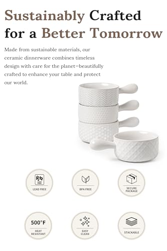 FOBENTA 20oz Ceramic Soup Bowls with Handle, Set of 4,Textured Embossed Stoneware for Chili, Stew, Cereal,Microwave & Dishwasher Safe, Rustic Dinner Bowls for Home Kitchen - size: 20 OZ-Single Handle