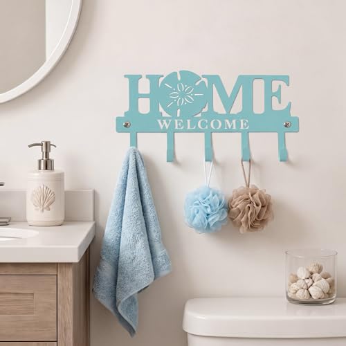 Beach Key Holder Wall Mount Turquoise Blue Sand Dollar Metal Welcome Home Key Hook with 5 Hooks Coastal Blue Hanger Coat Rack Nautical Wall Decor for Entryway Bathroom Living Room 9.8 Inch - style: Starfish Beach
