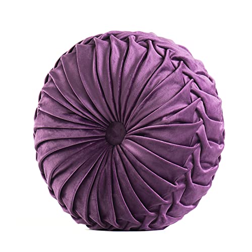 MOJUN Velvet Throw Pillow - Round, Pleated, Filled - Home Decorative Pillow for Couch, Chair, Bed, Car, Floor (Purple, 14inch) - color: B Purple