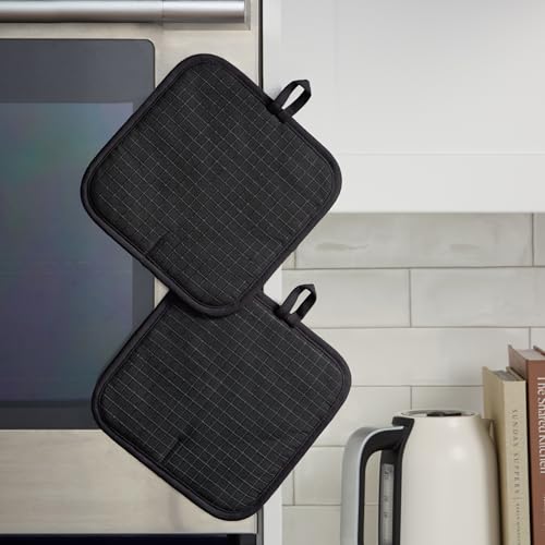 KITCHENAID Gourmet Series Gridlines Pot Holders 2-Pack Set, Heat Resistant up to 600°F, Soft Silicone Grip, Magnetic Cuff, Matte Black, 8"x8" - color: Matte Black