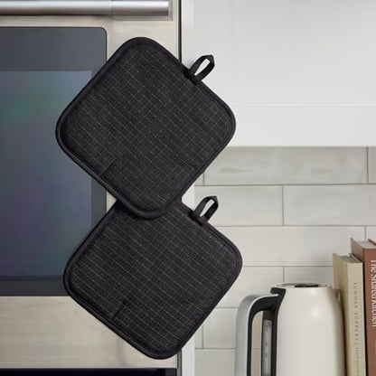 KITCHENAID Gourmet Series Gridlines Pot Holders 2-Pack Set, Heat Resistant up to 600°F, Soft Silicone Grip, Magnetic Cuff, Matte Black, 8"x8" - color: Matte Black
