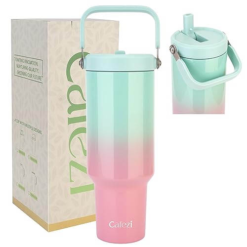 40 oz Insulated Tumbler with Top Handle and Flip Straw | Vacuum Insulated Stainless Steel Cup with Leak-Proof Lid, Sweat-Free, Fits Cup Holder, Keeps Ice Cold up to 30 Hours - color: Green Pink, size: 40 Ounces