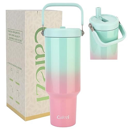 40 oz Insulated Tumbler with Top Handle and Flip Straw | Vacuum Insulated Stainless Steel Cup with Leak-Proof Lid, Sweat-Free, Fits Cup Holder, Keeps Ice Cold up to 30 Hours - color: Green Pink, size: 40 Ounces