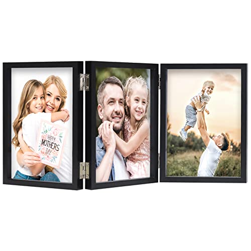 WUTL 3 Picture Frame Triple Collage 5x7 Frames with Real Glass Black | Trifold Photo Frame, Hinged Foldable, Crystal Clear Real Glass - color: Black, size: 5x7