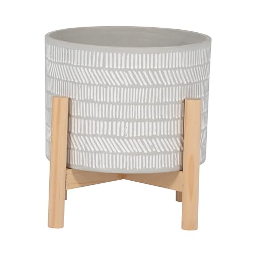 Sagebrook Home Beige 8" Ceramic Tribal Planter with Pine Wood Stand - Elegant Home Decor - color: Tribal Ivory/Beige, size: 8 Inch
