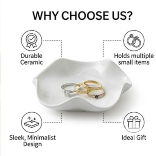 Elegant 5.3" White Ceramic Trinket Tray & Ring Holder Dish – Unique Wavy Decor, Jewelry Catchall, & Small Present for Mom, Sister, or Best Friend | Modern Vanity Accessory