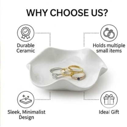 Elegant 5.3" White Ceramic Trinket Tray & Ring Holder Dish – Unique Wavy Decor, Jewelry Catchall, & Small Present for Mom, Sister, or Best Friend | Modern Vanity Accessory