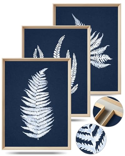 UPWOIGH Navy Blue Fern Framed Wall Art, 12 x 16 Inch, Set of 3 | White Fern Leaf Prints, Navy Blue Background, Minimalist Botanical Design, Light Wood Frames for Bedroom, Office and Hallway - color: Blue Plant MDF