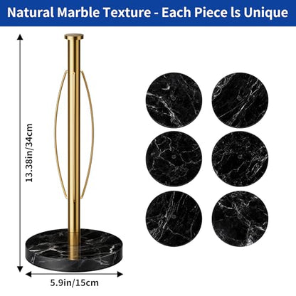 YIGII Heavy Marble Base Paper Towel Holder Countertop - Standing Paper Towel Roll Holder with Black Weighted Base, Gold Papertowel Holder for Kitchen - style: Gold & Black Marble