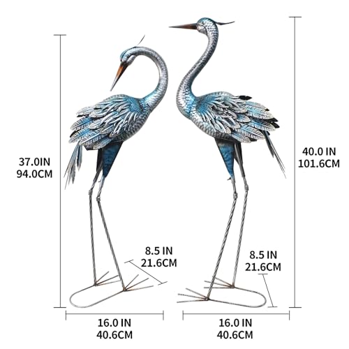 37-40Inch Outdoor Crane Garden Statues, Blue Heron Garden Statues | Large Metal Cranes for Yard, Lawn, Patio, Pond, Set of 2 - color: Blue