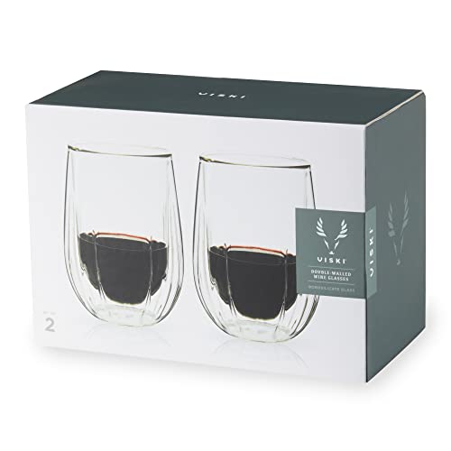 Viski Insulated Double Walled Stemless Wine Glasses, Drinking Glass with Cut Crystal Design, Home Bar Accessories, Glassware, 13 oz, Set of 2, Clear - style: Double-Walled Wine Glasses