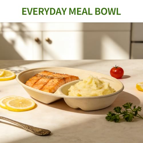 2 Compartment Bowls 100 Pack, Divided Disposable Chip and Dip Bowls | BPA Free Sugarcane Fiber Pulp Bowls, Compartment for Two Dishes, Serving Chips and Salsa, Snacks, Finger Foods - size: Compartment 9.3 x 6.5 x 1.6 inch