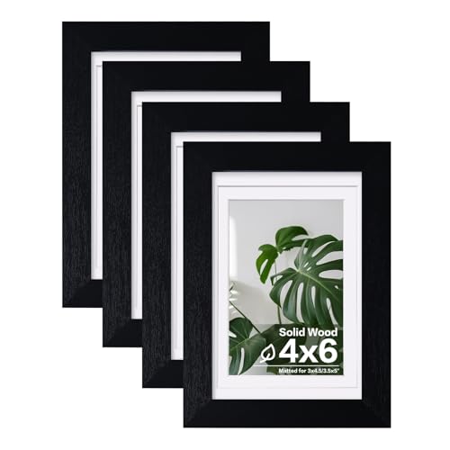 Egofine 4x6 Picture Frames 4PCS Covered by Plexiglass, for Picture 3x4.5/3.5x5 with Mat or 4x6 whitout Mat, Made of Solid Wood for Table Top Display and Wall Mounting Photo Frame, Black with Texture - color: Black with Texture, size: 4x6