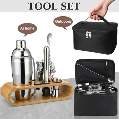 16 Pcs Bartender Kit Bag with Stand Portable Cocktail Shaker Set, 25oz Stainless Steel Barware Kit with Jigger, Strainer, Spoon, Ice Tongs, Gift for Cocktail Lover Travel