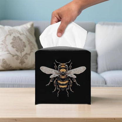 Bee Artwork PU Leather Tissue Box Cover 5.2 in | Bee insect artwork design; 5.2-inch premium PU tissue box cover with hand-stitched look and removable liner. - color: Bee