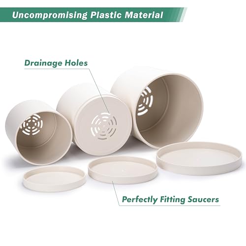 D'vine Dev 3-Pack Plastic Pots & Saucers, 6.5/8/10 in, Oatmeal, 74-V-H-4 | Multi-Size Options, Lightweight Durable, Matte Finish, Cylinder Shape, Drainage Holes, Sleek Design, Detachable Saucer - color: Oatmeal, size: Large