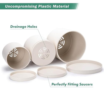 D'vine Dev 3-Pack Plastic Pots & Saucers, 6.5/8/10 in, Oatmeal, 74-V-H-4 | Multi-Size Options, Lightweight Durable, Matte Finish, Cylinder Shape, Drainage Holes, Sleek Design, Detachable Saucer - color: Oatmeal, size: Large