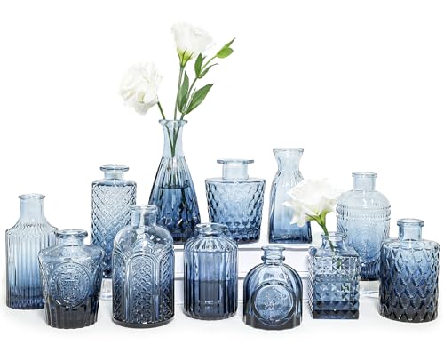 SUPMIND Glass Bud Vase Set of 12, Small Blue Flower Vases for Centerpieces | Mini Vintage Vase for Wedding, Home Decor, Table Decoration, Baby Shower, Party Decor - color: Blue, size: 12Pcs