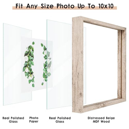 MUYE 10x10 Floating Frame Distressed Beige White Wood Pattern,Double Glass Square Picture Frame Display Any Size Photo up to 10x10,Wall Mount or Tabletop,2 Pack - color: Beige, size: 10x10