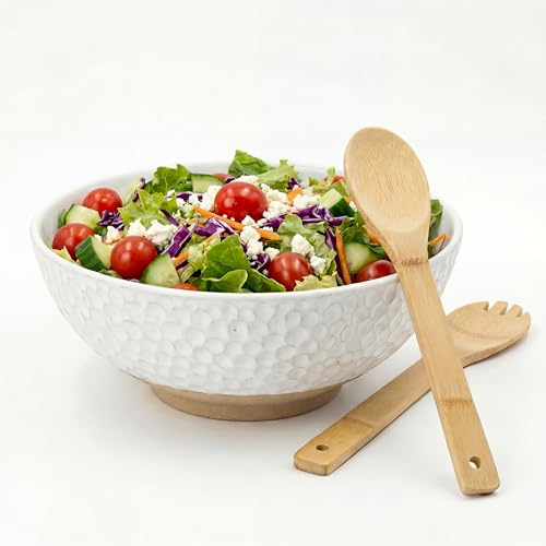 Large Ceramic Dinner Bowl - Handmade Salad Bowl Set, 58 oz. Dishwasher and Oven Safe, Vanilla White 9.5 inch”