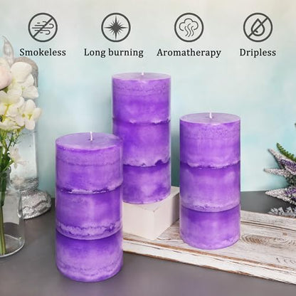 CRYSTAL CLUB Lavender Scented Pillar Candles, Set of 3 Tall 3x6 Inch Candles Rustic Purple, Clean Burning and Dripless Candle Lights, for Home Decor, Wedding, Party Decorations Lilac Candle | Clean Burning and Dripless Candle Lights, for Home Decor, Weddi