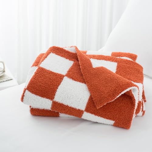 Carriediosa Checkered Throw Blanket 50x60, 400GSM Ultra Soft Microfiber | Rust, Fuzzy Fluffy Cozy Plush Knit Knitted Plaid Checker, Lightweight Cute Preppy Fall Blankets & Throws for Couch, Bed - color: Check - Rust, size: 50" X 60"