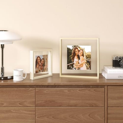 Egofine 8x8 Floating Frames Set of 2, Double Plexiglass Picture Frame, Made of Solid Wood Display Any Size Photo up to 8x8, Wall Mount or Tabletop Standing, Natural Wood - color: Natural Wood, size: 8x8