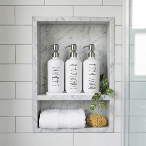 MOMEEMO Refillable Shampoo and Conditioner Bottles with Tray, White | Shower Shampoo Dispenser for Shower, Body Wash Dispenser for Shower, Shampoo Conditioner Dispenser with Stainless Steel Pumps - color: White Silver