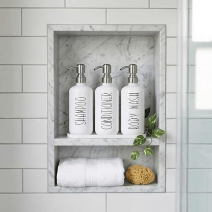 MOMEEMO Refillable Shampoo and Conditioner Bottles with Tray, White | Shower Shampoo Dispenser for Shower, Body Wash Dispenser for Shower, Shampoo Conditioner Dispenser with Stainless Steel Pumps - color: White Silver