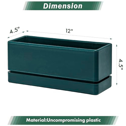 D'vine Dev Rectangular Planter, 12 x 4.5 in, Green, Set of 1, 76-X-C-1 | Minimalist Design, Large Planting Capacity, Drainage Holes & Saucer, Thick-Walled Durable Build, Ideal for Windowsills - color: Green