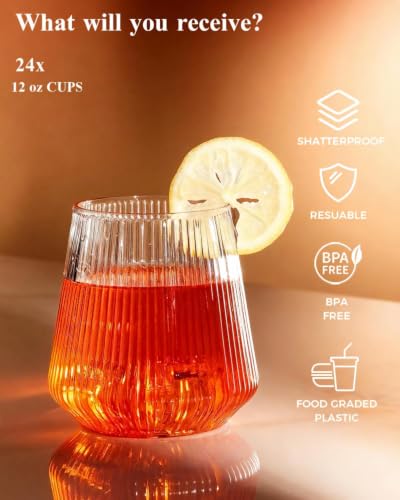 BESTSTAR 48 Pack Clear Disposable Ribbed Origami Ripple Plastic Glasses Set | 24 9OZ Stemless Champagne Flutes & 24 12OZ Cups, BPA-Free Shatterproof Clear Drinkware for Weddings, Parties & Events - color: Clear Ribbed