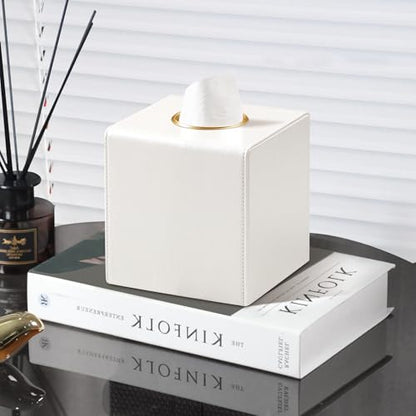 Square Tissue Box Cover with Magnetic Closure, Beige | Luxury PU Leather Tissue Holder with Gold Tone Metal Opening, Fits All Standard Cube Tissue Boxes - color: Beige