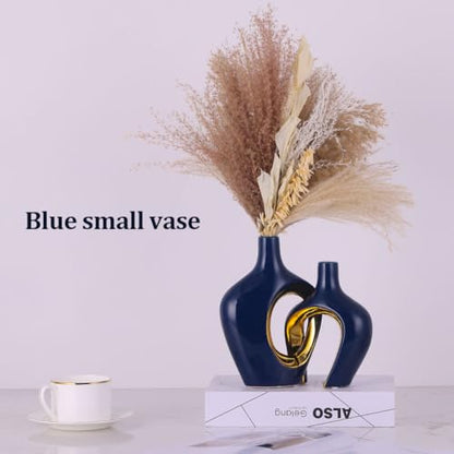 Ceramic Vases Set - Small Blue Vases for Farmhouse, Living Room, Table and Fireplace Decor
