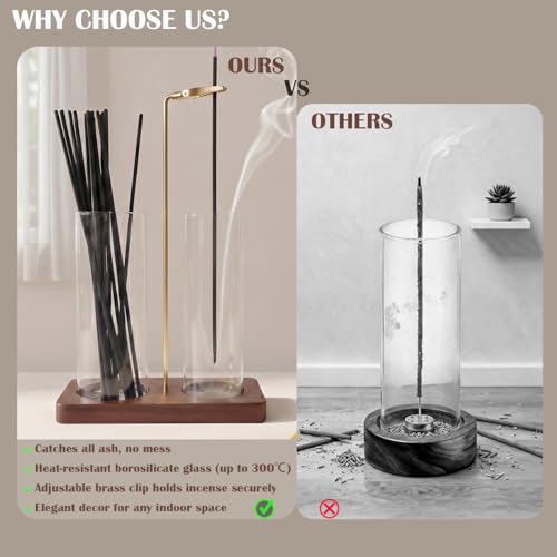 2 in 1 Anti-Ash Incense Holder for Sticks, Upside Down Hanging Incense Burner with Removable Glass Ash Catcher and Wooden Base, Modern Vertical Zen Decor for Home Office Yoga Meditation Room
