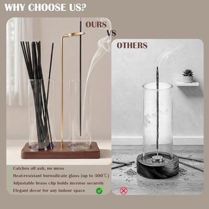 2 in 1 Anti-Ash Incense Holder for Sticks, Upside Down Hanging Incense Burner with Removable Glass Ash Catcher and Wooden Base, Modern Vertical Zen Decor for Home Office Yoga Meditation Room