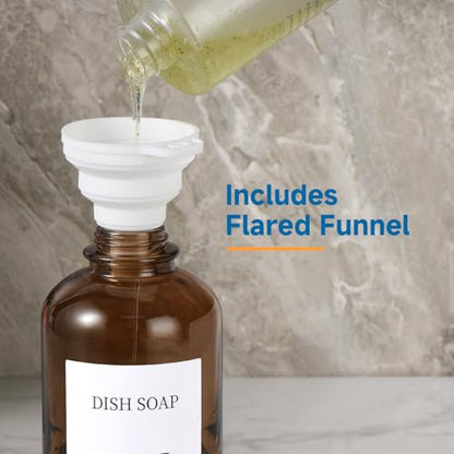 Glass Soap Dispenser with Upgrade Pump, Hand and Dish Soap Dispenser for Bathroom Kitchen, Soap Dispenser Set with 9 Stickers Funnel Bamboo Tray 500ml 18oz Amber - color: Amber